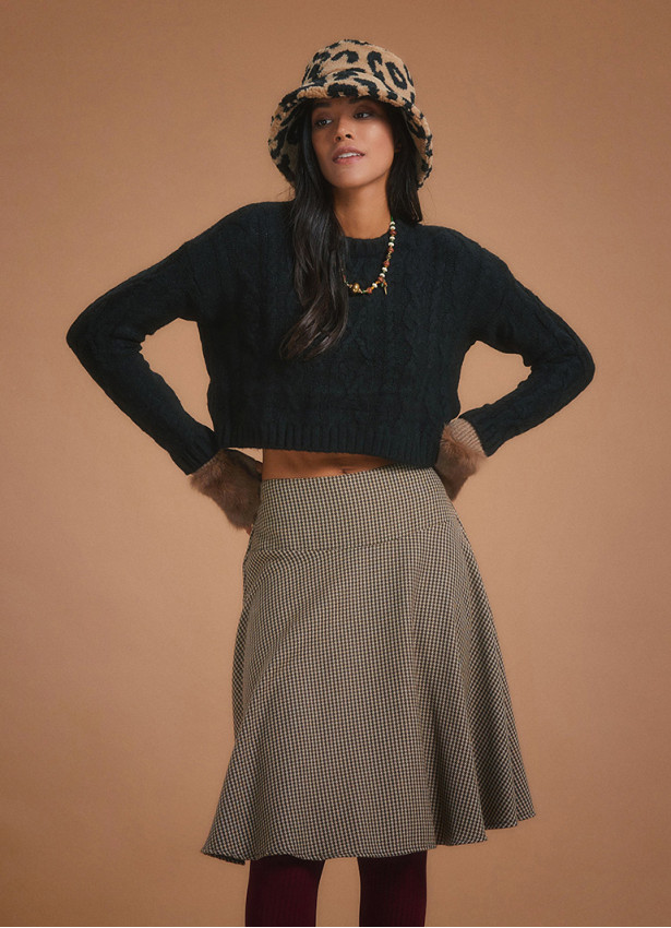 Flared Beige Houndstooth Skirt