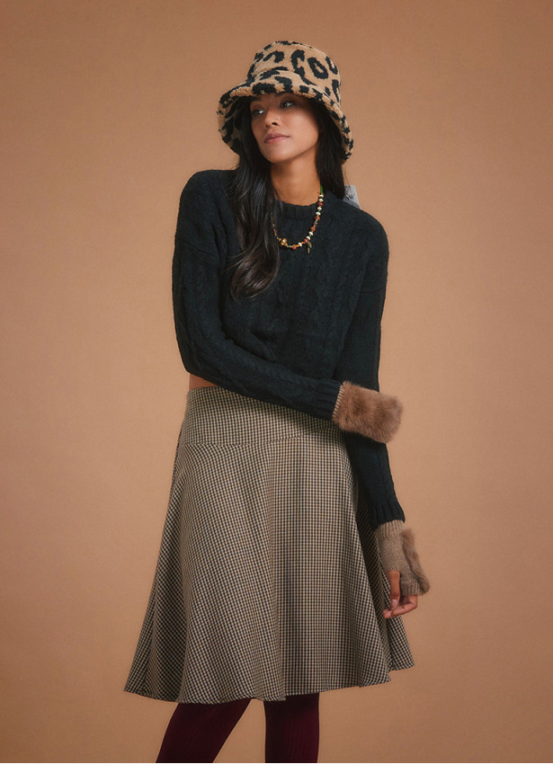 Flared Beige Houndstooth Skirt