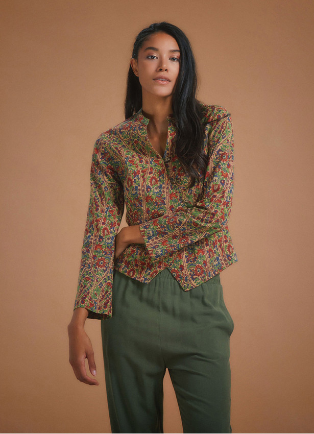 Flower Print Mandarin Collar Slim Cut Jacket Shirt