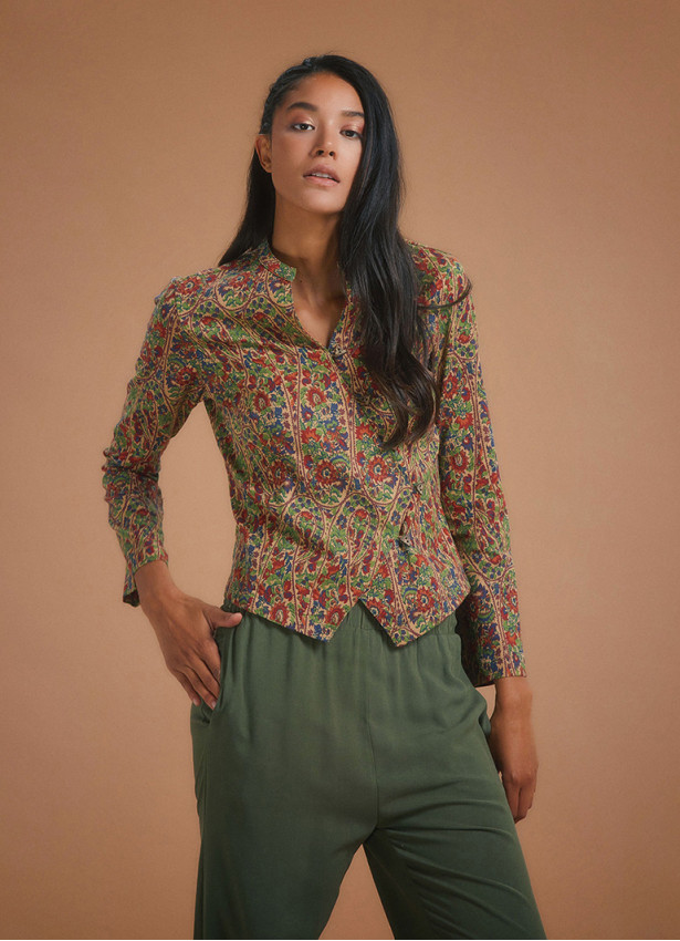 Flower Print Mandarin Collar Slim Cut Jacket Shirt