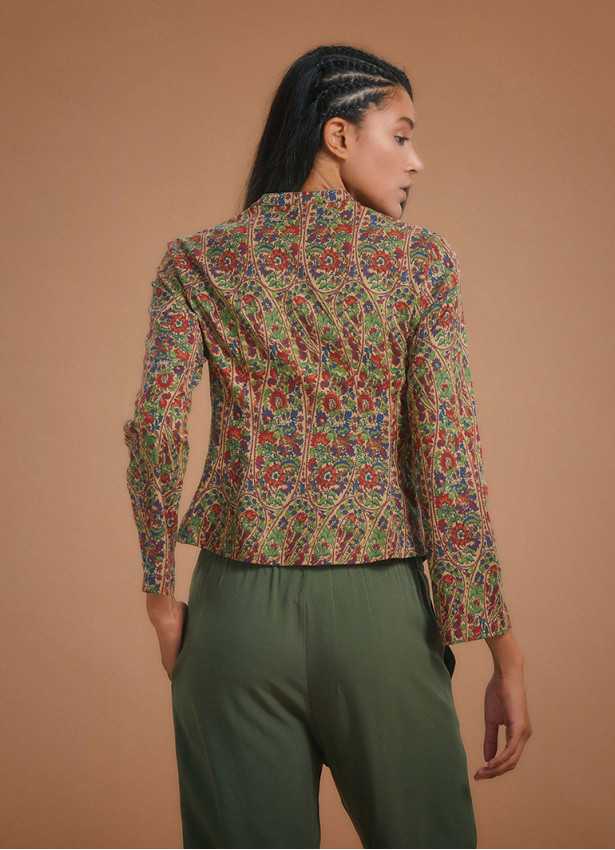 Flower Print Mandarin Collar Slim Cut Jacket Shirt