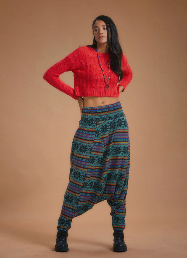 Shirred Waist Petrol Patterned Shalwar Trousers