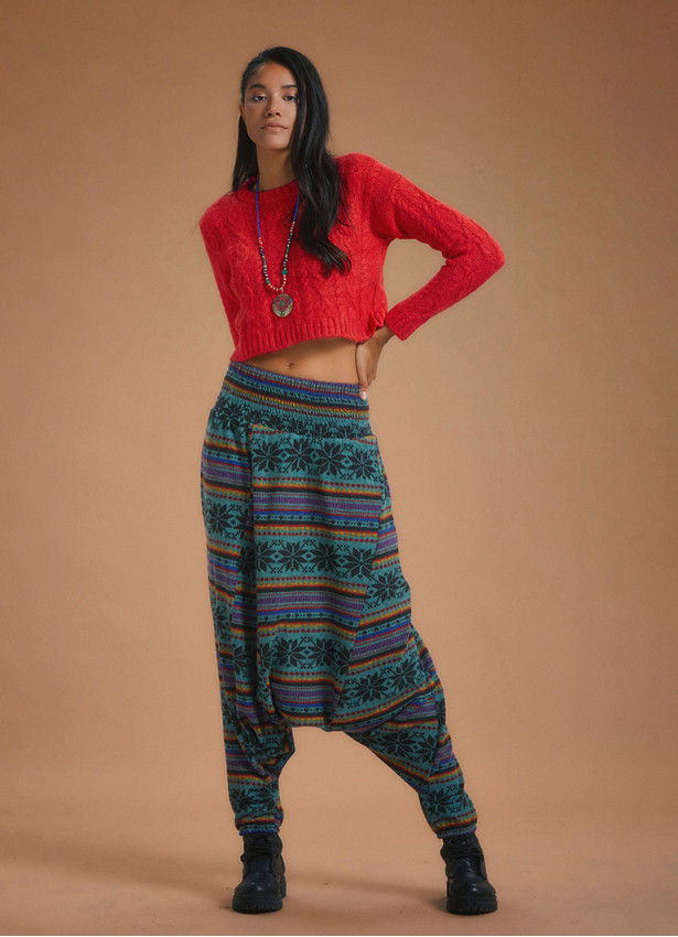 Shirred Waist Petrol Patterned Shalwar Trousers