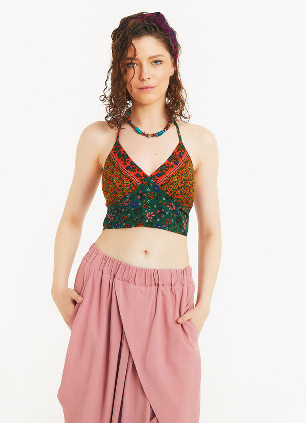 Gathered Tie Back Bust Cup Halter Flowers Crop Top