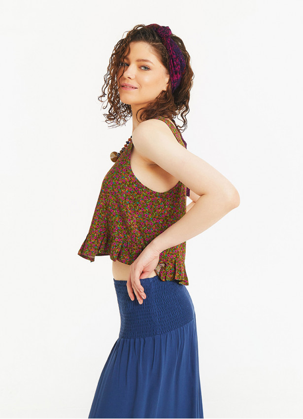 Strapless U Neck Green Floral Blouse