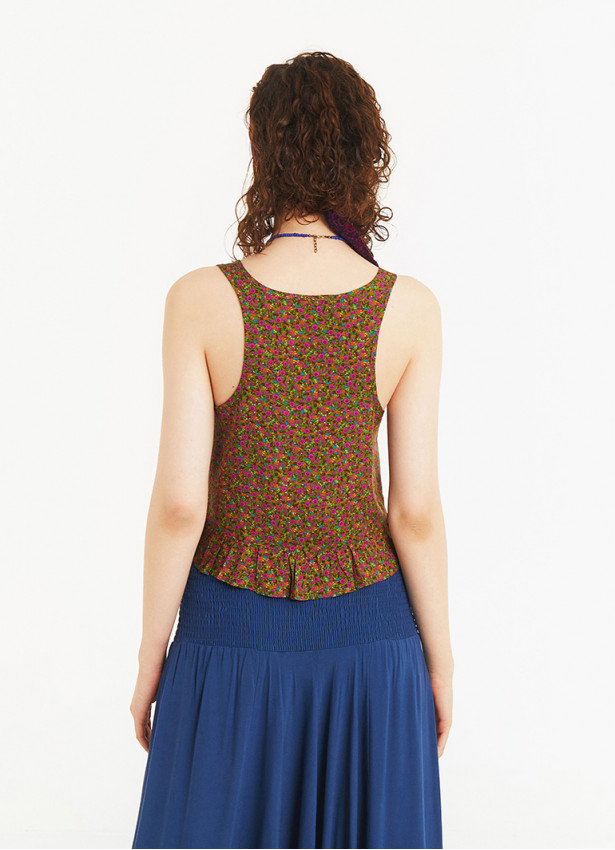 Strapless U Neck Green Floral Blouse