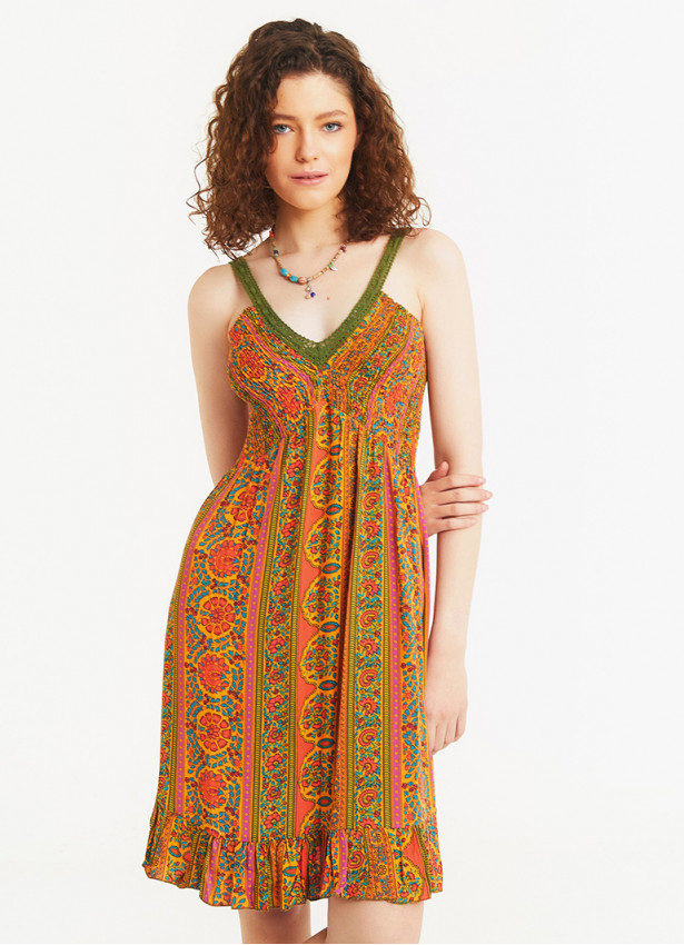 Orange Pattern Frill Hem Laced Strap Short Sundress