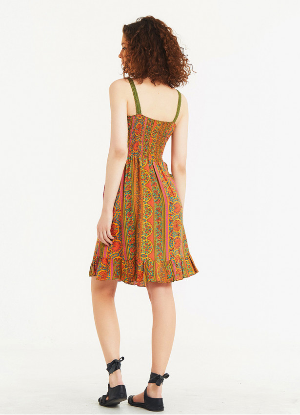 Orange Pattern Frill Hem Laced Strap Short Sundress