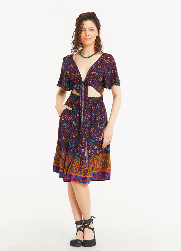 Border Hem Detail Tie Front Purple Floral Summer Dress