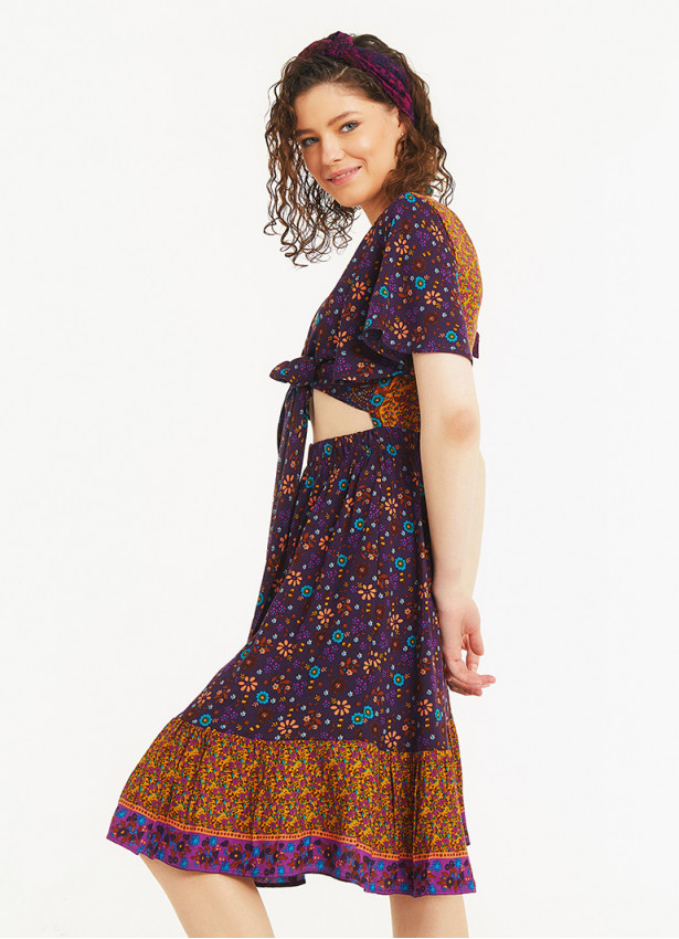 Border Hem Detail Tie Front Purple Floral Summer Dress
