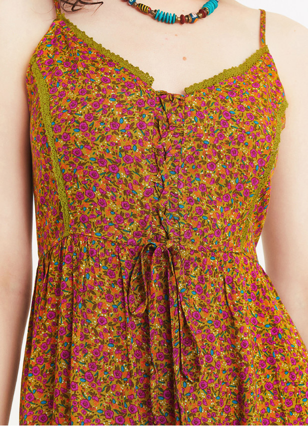 Criss Cross Front Detail Strappy Green Floral Laced Dress