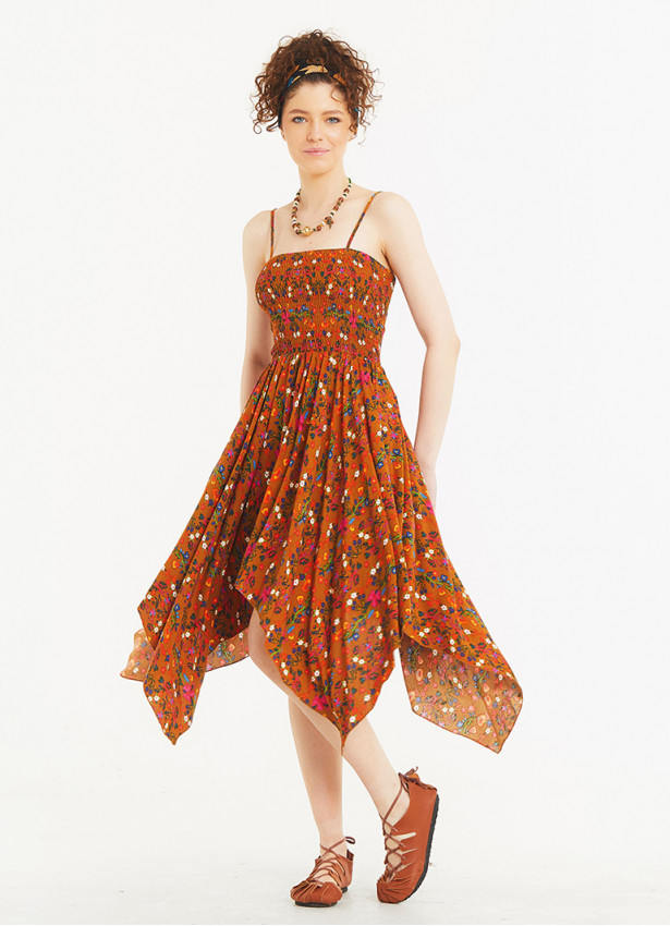 Mustard Floral Square Neck Hanky Hem Sundress