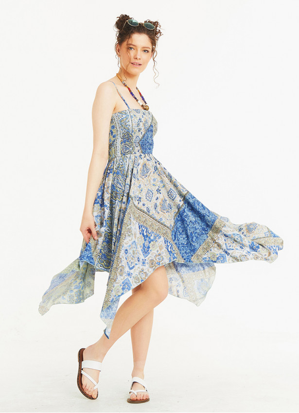 Patch Print Square Neck Hanky Hem Sundress