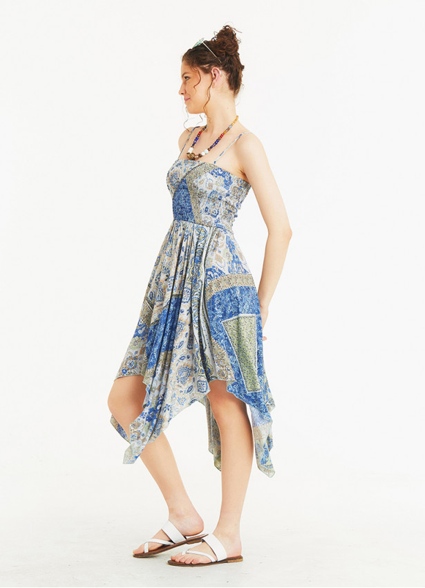 Patch Print Square Neck Hanky Hem Sundress