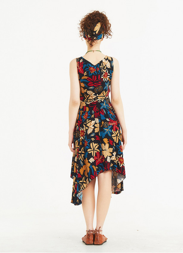 Asymmetrical Skirt Detail Flowers Dress