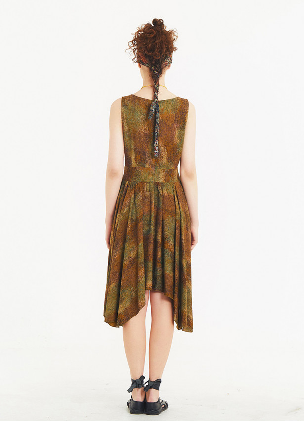 Asymmetrical Skirt Detail Khaki Print Dress