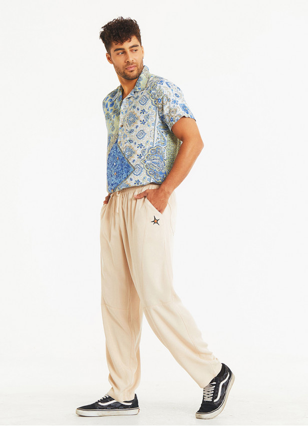 Comfortable Cut Beige Mens Trousers With Elastic Waist