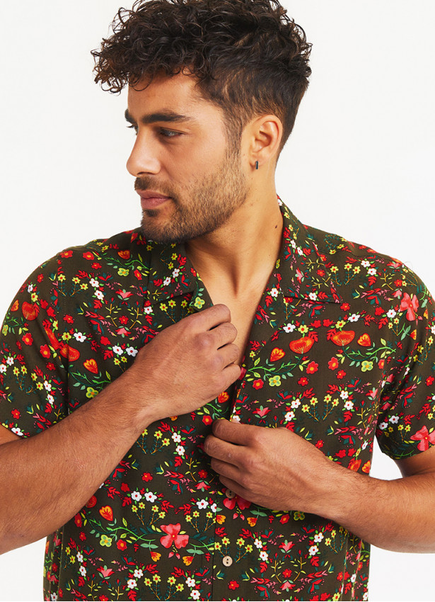 Boho Style Green Floral Print Mens Shirt