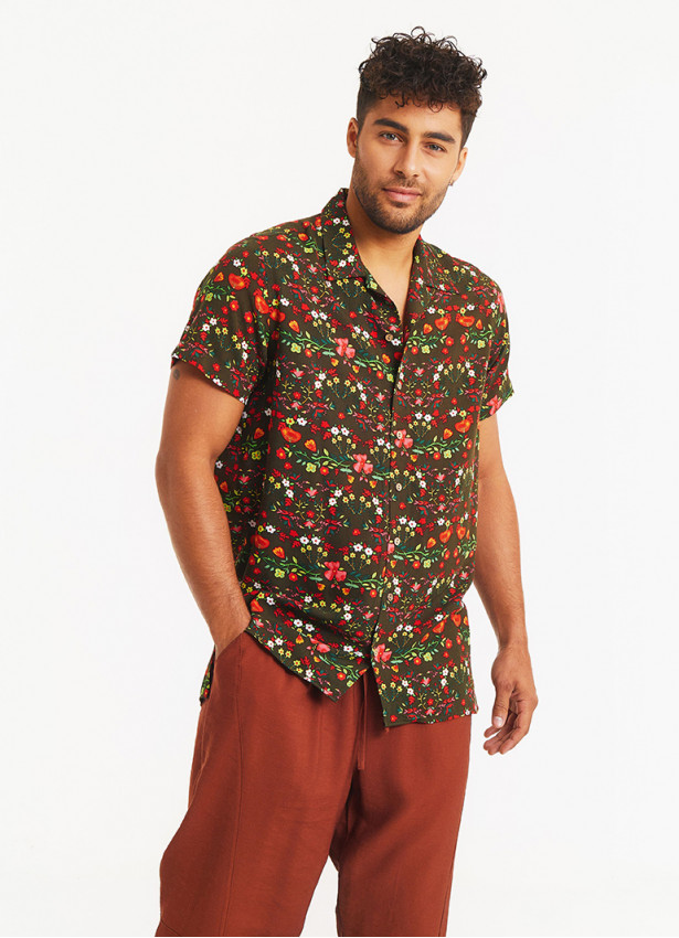 Boho Style Green Floral Print Mens Shirt