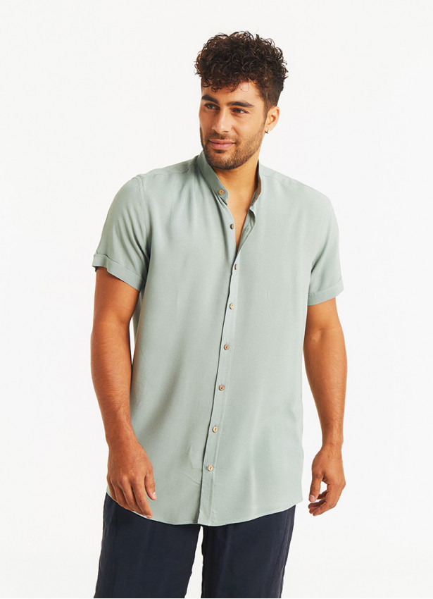 Half Sleeve Button Down Mandarin Collar Mens Shirt