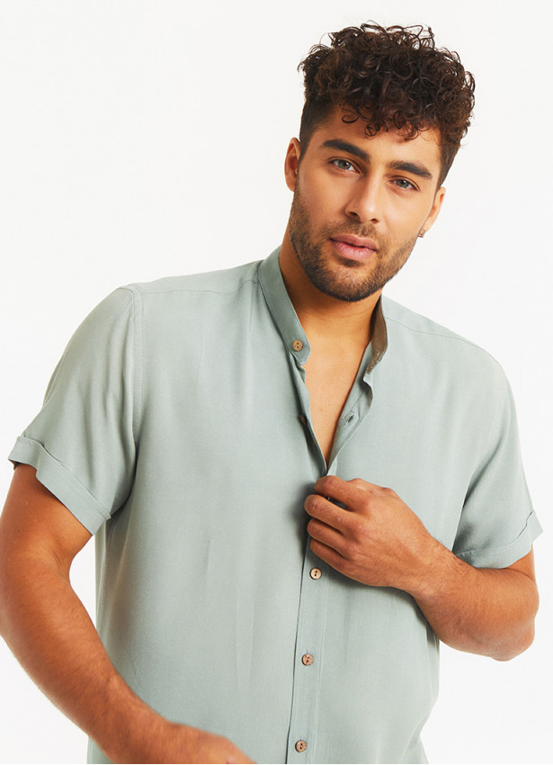 Half Sleeve Button Down Mandarin Collar Mens Shirt