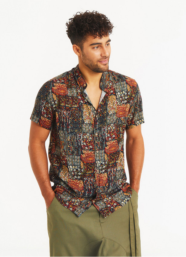 Printed Coconut Button Down Mandarin Collar Shirt