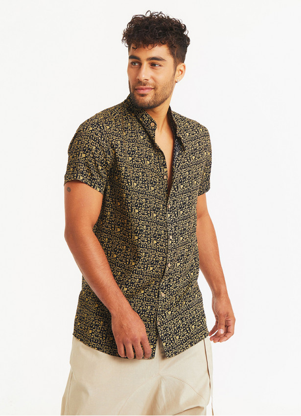 Ethnic Print Adjustable Sleeve Length Mandarin Collar Mens Shirt