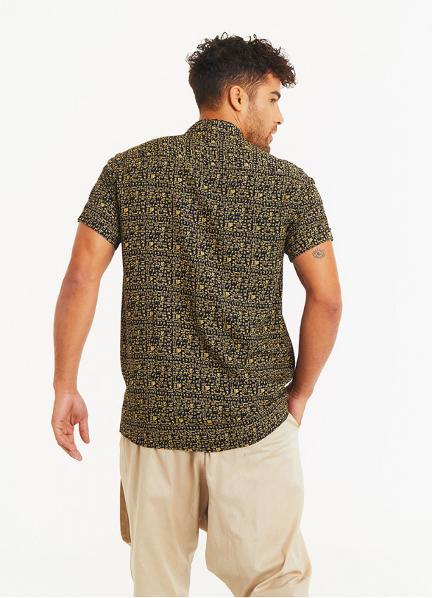 Ethnic Print Adjustable Sleeve Length Mandarin Collar Mens Shirt