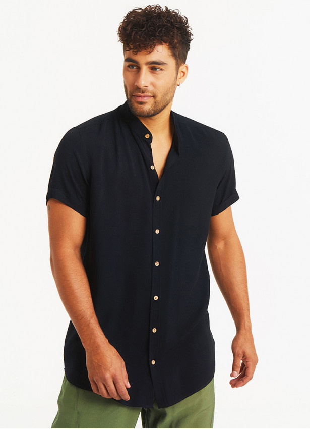 Half-Sleeve Mandarin Collar Boho Style  Black Men's Shirt