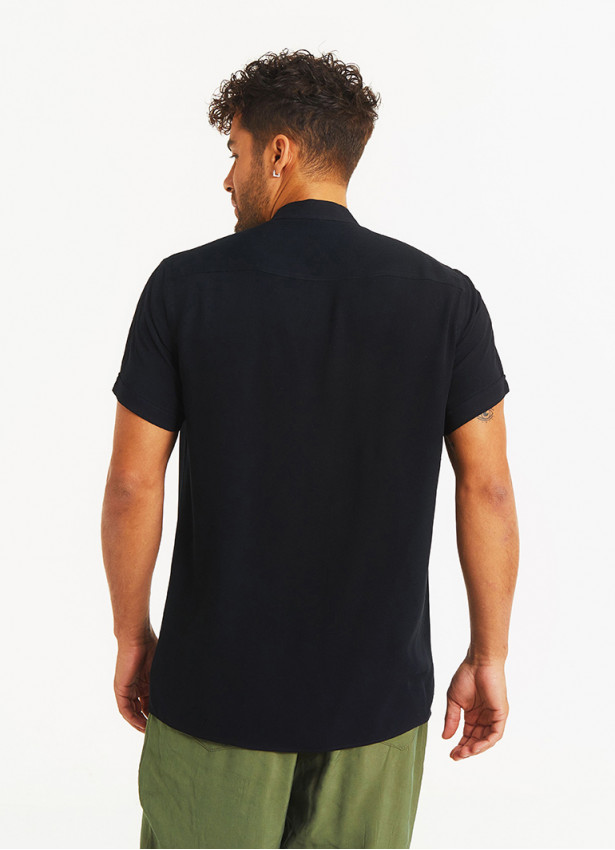 Half-Sleeve Mandarin Collar Boho Style  Black Men's Shirt