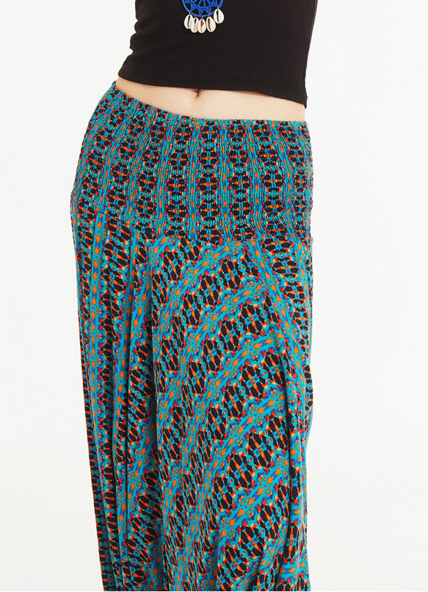 Blue Print Wide Shirred Waist Boho Style Harem Pants