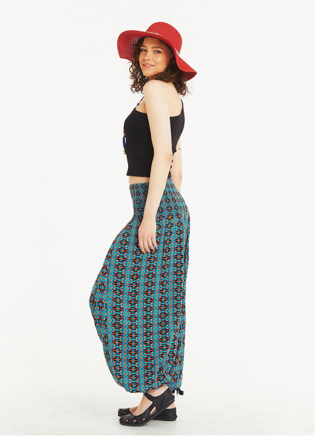Blue Print Wide Shirred Waist Boho Style Harem Pants