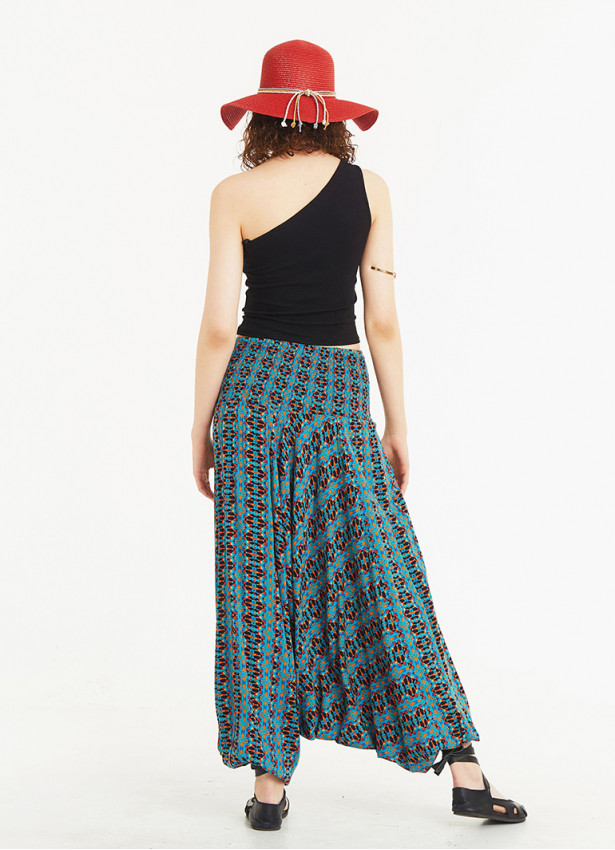 Blue Print Wide Shirred Waist Boho Style Harem Pants