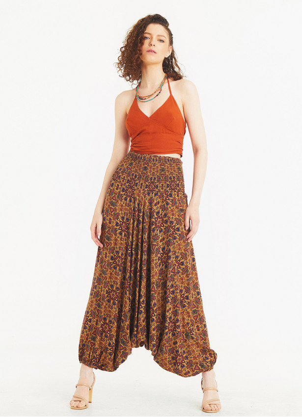 Purple Print Wide Shirred Waist Boho Style Harem Pants