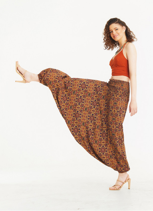 Purple Print Wide Shirred Waist Boho Style Harem Pants