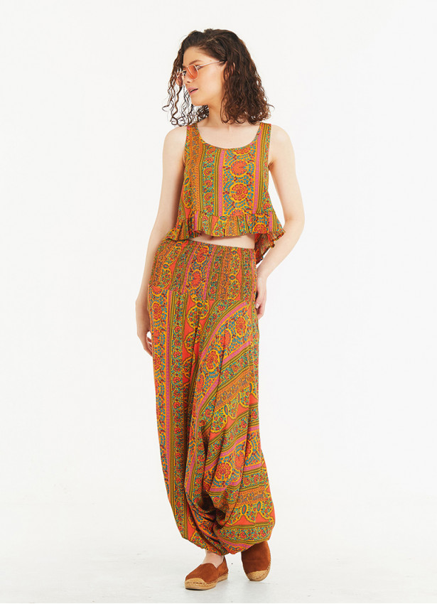 Mustard Print Wide Shirred Waist Boho Style Harem Pants