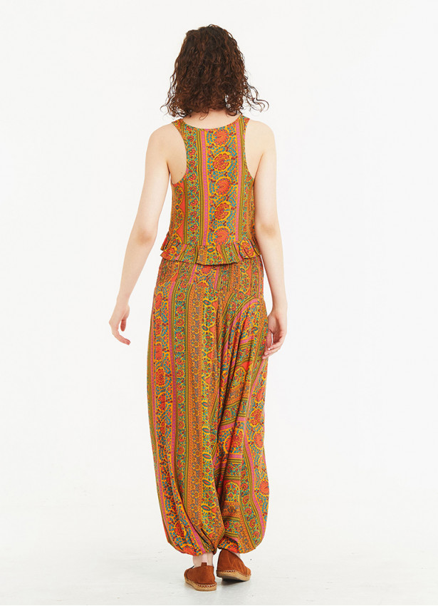 Mustard Print Wide Shirred Waist Boho Style Harem Pants