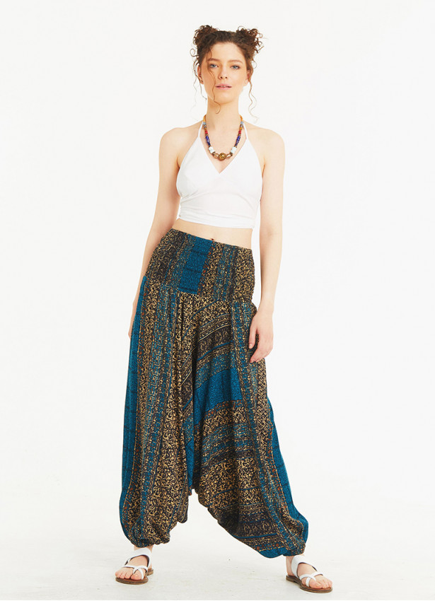 Patch Print Wide Shirred Waist Boho Style Harem Pants