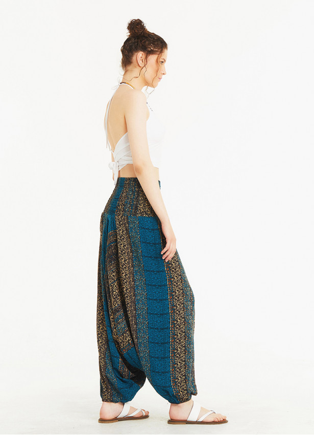 Patch Print Wide Shirred Waist Boho Style Harem Pants