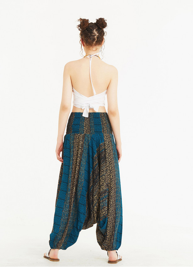Patch Print Wide Shirred Waist Boho Style Harem Pants