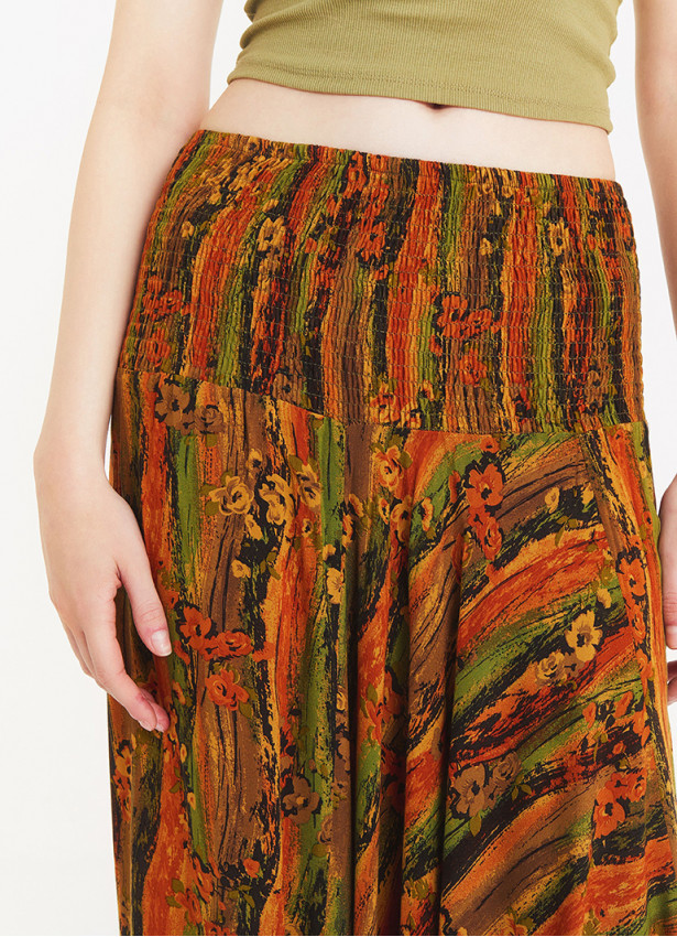 Mustard Print Wide Shirred Waist Boho Style Wholesale Harem Pants