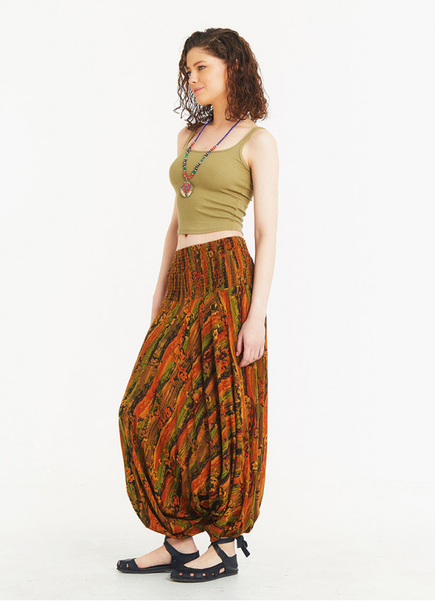 Mustard Print Wide Shirred Waist Boho Style Wholesale Harem Pants
