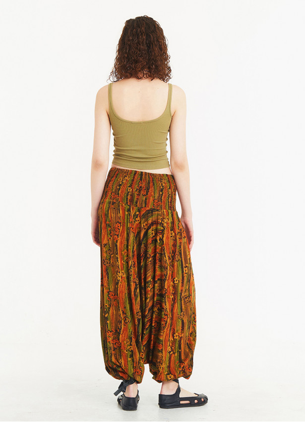 Mustard Print Wide Shirred Waist Boho Style Wholesale Harem Pants