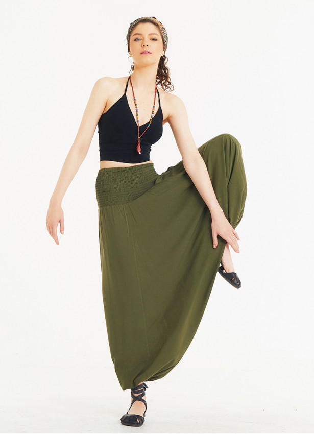 Shirred Waist Elastic Hem Wholesale Boho Style Khaki Harem Pants