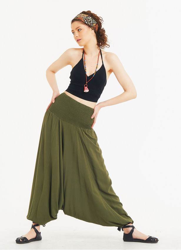 Shirred Waist Elastic Hem Wholesale Boho Style Khaki Harem Pants