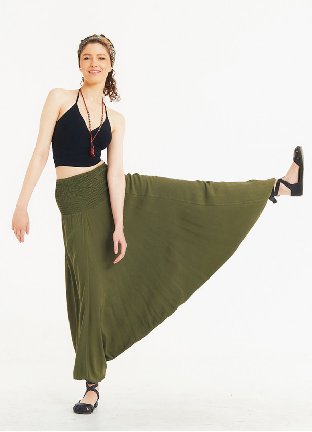 Shirred Waist Elastic Hem Wholesale Boho Style Khaki Harem Pants