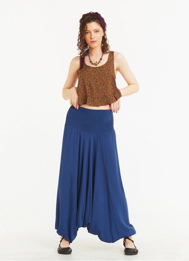 Boho Style Elastic Hem Shirred Waist Flowy Summer Harem Pants