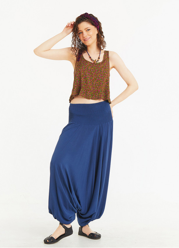 Boho Style Elastic Hem Shirred Waist Flowy Summer Harem Pants