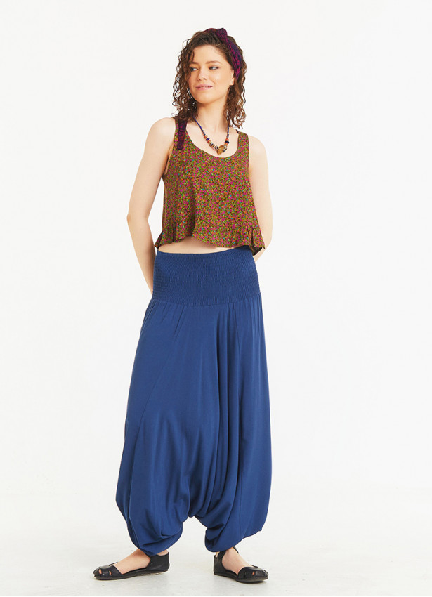 Boho Style Elastic Hem Shirred Waist Flowy Summer Harem Pants