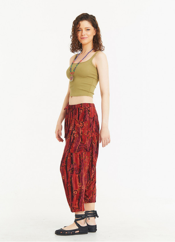 Red Patterned Elastic Waist Capri Harem Pants